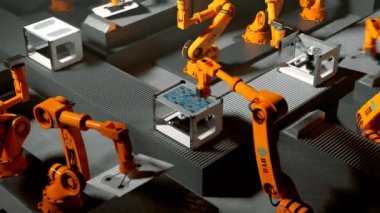 Yazıcılar bir montaj hattı üzerinde bina robot savaş silahları