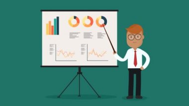 Çeşitli iş grafik sunmak işaretçi sopa ile işadamı