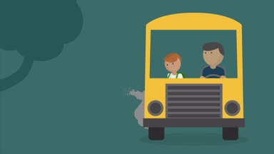 Otobüsten gelip okula giden çocuk