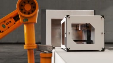 Yazıcılar bir montaj hattı üzerinde bina robot savaş silahları