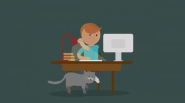 Kedi evde bilgisayar ile ödev çocuk geliyor
