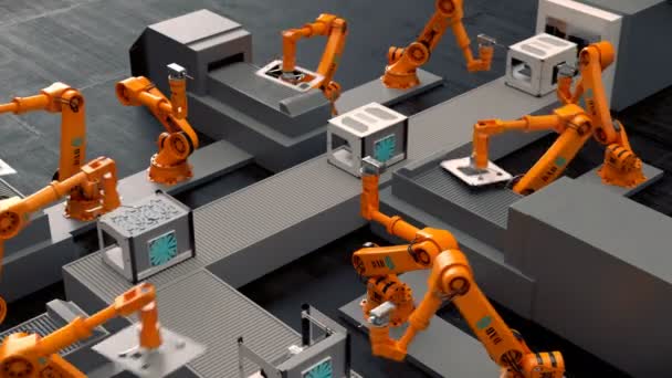 Robotarmar Bygga Skrivare Ett Tillverkningsband — Stockvideo