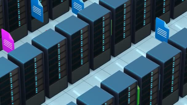 Multi Gekleurde Bestanden Overbrengt Vanaf Server Racks Een Datacenter — Stockvideo