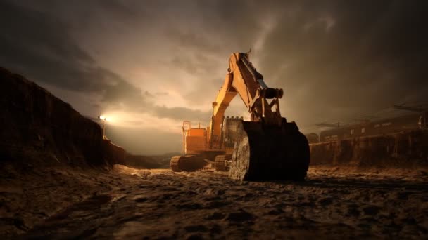 Macchina Escavatore Con Grande Pala Sul Cantiere Contro Cielo Drammatico — Video Stock