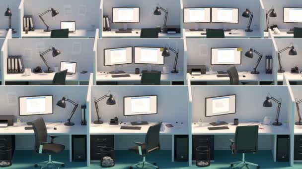 Bir Ofiste Bölümlenmiş Masaları Yerleştirilen Hata Ekranı Gösteren Monitör — Stok video