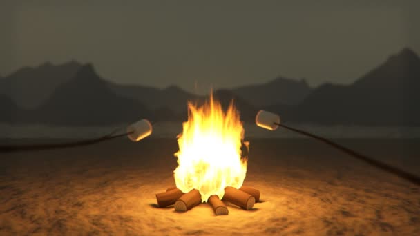 Api Unggun Bergaya Terbakar Malam Hari Marshmallow Panggang — Stok Video