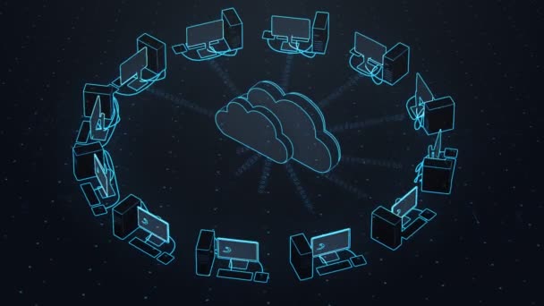 Cloud Mit Verschiedenen Computern Auf Schwarzem Hintergrund Verbunden — Stockvideo