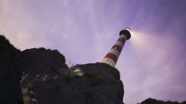 Deniz feneri günbatımı sırasında denizin üzerinde dönen ışık demeti. Loopable animasyon.