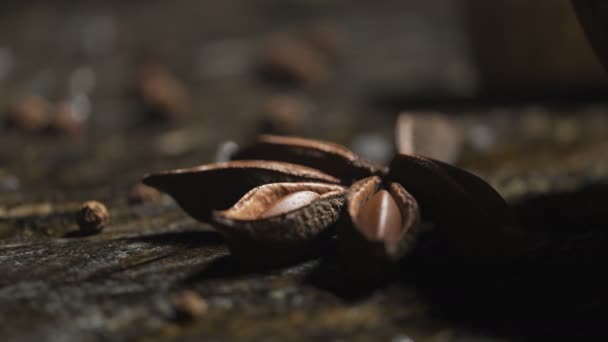 Close Star Anise Old Wooden Table Chopping Board — Stock Video