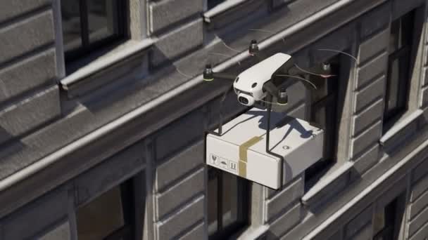 Drone Está Entregar Pacote Perto Edifício — Vídeo de Stock