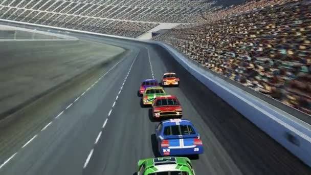 在弯道跑道上超速赛车的动画 后视图 — 图库视频影像