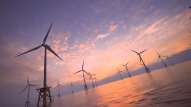 Offshore Rüzgar türbinleri alacakaranlıkta. Kamera su yüzeyi üzerinde hareket ediyor.