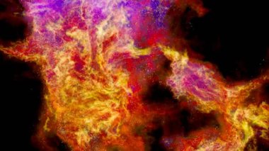 Uzay uçuşu nebula çevresinde. Animasyon bir turuncu ve mor yıldızlararası bulut.