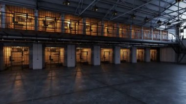 İki katlı ve hücre satırı gösteren hapishane koridorda. Modern loft hapis animasyon.