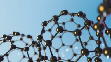 Sorunsuz bir şekilde loopable animasyon fullerene karbon molekülleri. Mavi arka plan siyah yansıtıcı buckyballs.