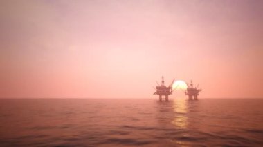 Günbatımı pembe gökyüzüne iki offshore platform veya petrol kuyularında