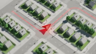 GPS harita. Kırmızı ok ileri bir yol boyunca çalışan.