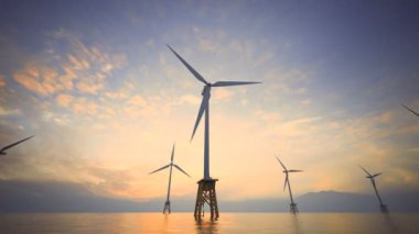 Offshore Rüzgar türbinleri alacakaranlıkta. Kamera türbinler birini takip ediyor.