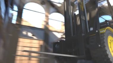 Hareketli kutular bir depoda forklift. Forklift için monteli kamera.