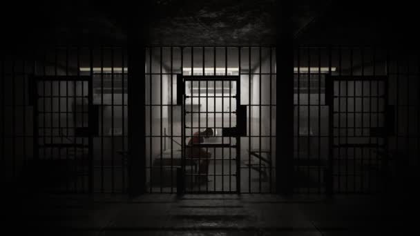 Depressed Criminal Sitting Bars Old Grunge Prison Cell — Stock Video