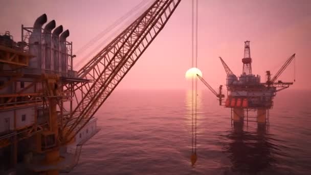 Dos Plataformas Marítimas Plataformas Petrolíferas Atardecer Cielo Rosado — Vídeos de Stock
