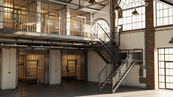 つの床とセルの行を示す刑務所の廊下 モダンなロフト刑務所アニメーション — ストック動画