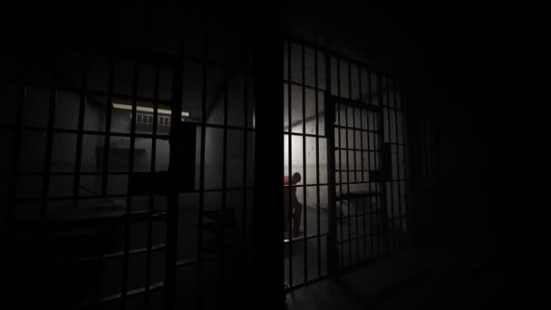 Depressed Criminal Sitting Bars Old Grunge Prison Cell — Stock Video