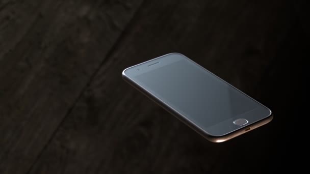 Smartphone Zawiesza Się Drewnianą Podłogę Ekran Shatteres Uderzenia Slow Motion — Wideo stockowe