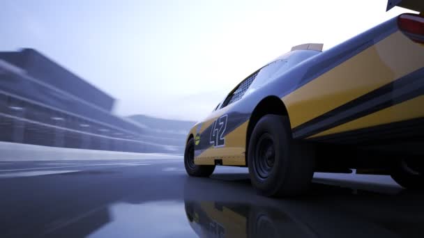高速のレース車を運転し レース トラックの周りに漂って ローアングル カメラ — ストック動画