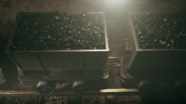 Camera Showing Top Mine Wagons Transporting Coal Dense Smoke — Stock Video