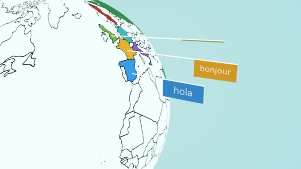 Globo Terrestre Con Mapa Político Hola Palabra Diferentes Idiomas — Vídeo de stock