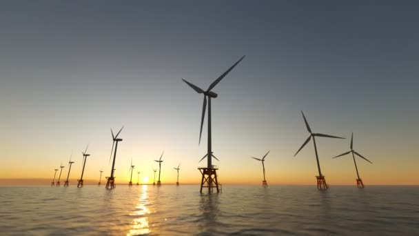 Des Éoliennes Offshore Crépuscule Caméra Déplace Dessus Surface Eau — Video