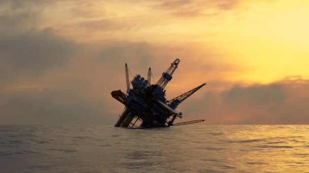 Silhouette Della Piattaforma Petrolifera Offshore Crollata Durante Tramonto — Video Stock