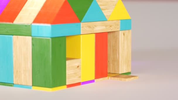 Colorful House Made Out Wooden Blocks Camera Pans Tracking Back — Stock Video