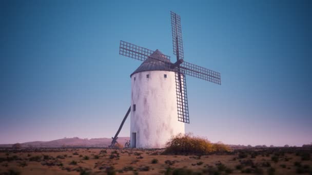 Lage Hoek Camera Geschoten Tonen Een Spaanse Windmolens — Stockvideo