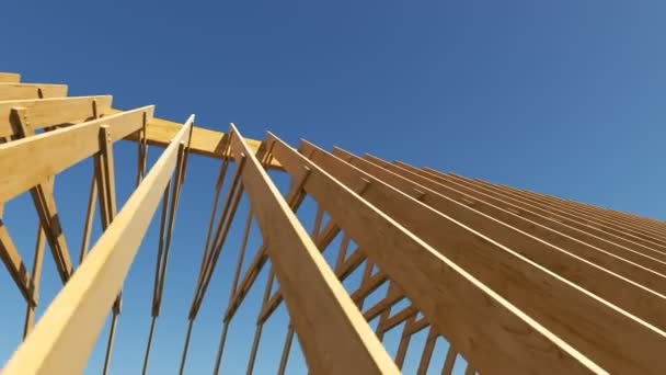 未完成の建物の建設サイト木造屋根構造 背景の空と単発 — ストック動画