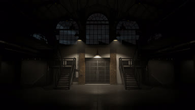 Kamera parça boyunca geri ışıkları yavaş yavaş loft koridorda açma.