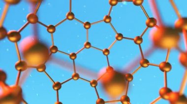 Fullerene karbon molekülü animasyon. Mavi arka plan karşı turuncu buckyball iplik.