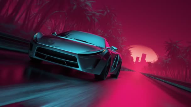 Carro Esporte Deixando Cidade Para Trás Animação Loop Estilizada Synthwave — Vídeo de Stock