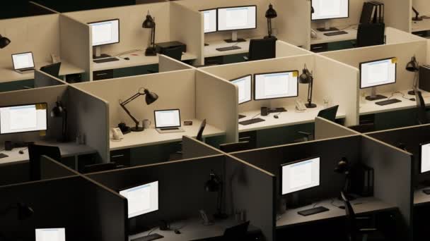 Isometric View Office Cubicles Error Screen Showing Monitors — Stock Video