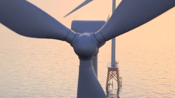 Turbinas Eólicas Marinas Atardecer Cámara Cerca — Vídeos de Stock