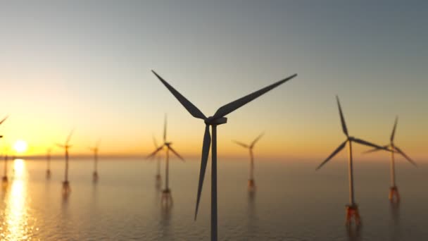 Des Éoliennes Offshore Crépuscule Gros Plan Sur Une Des Turbines — Video