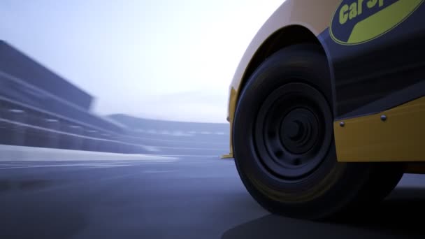 高速赛车在跑道上行驶和漂流 低角度相机 前轮特写 — 图库视频影像