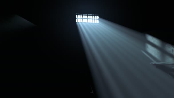 在雾中的牢房内部的动画 光线穿过一扇被禁止的窗户 — 图库视频影像