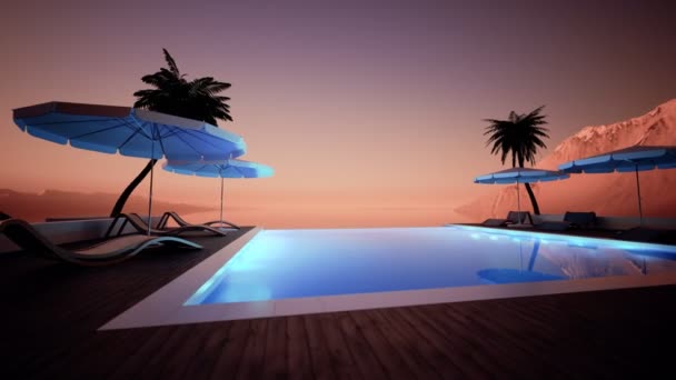 豪华地平线无限游泳池与棕榈树和山风景 — 图库视频影像