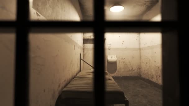刑務所バーを通して見た古いグランジ ロックされた刑務所の独房のアニメーション — ストック動画