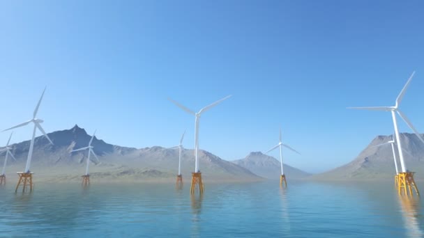 Schwimmende Windräder bei nebligem Tag. — Stockvideo