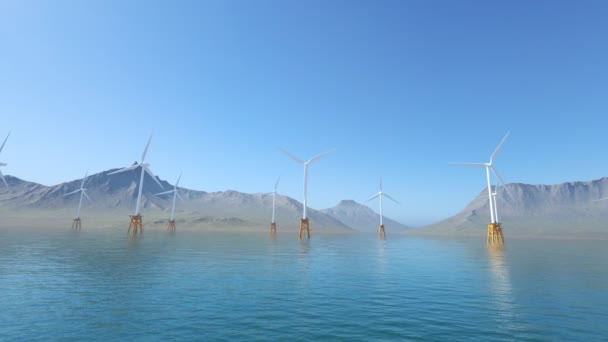 Turbine eoliche galleggianti durante la giornata nebbiosa . — Video Stock