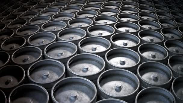 Warehouse Rows Metal Beer Kegs — Stock Video