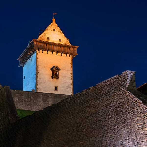Vue de nuit du château de Narva avec la tour de High Herman, Narva, Estonie. Le château a un beau contre-jour. En face de Narva se trouve la ville russe d'Ivangorod — Photo
